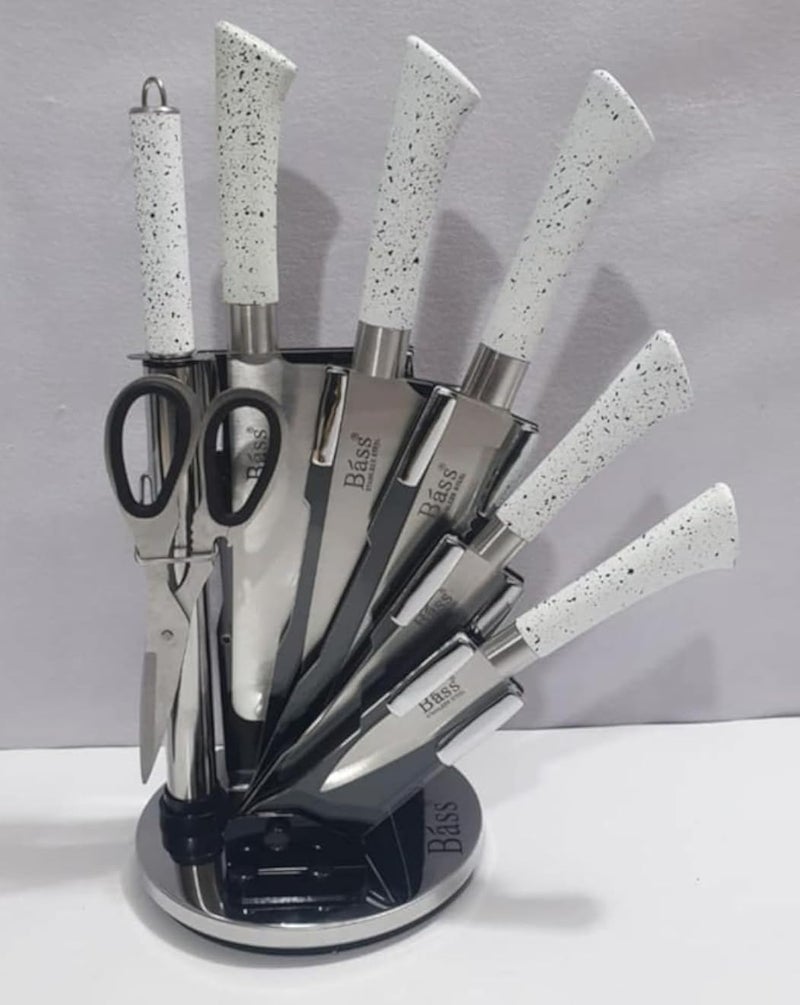 سكاكين مطبخ مع حامل سكاكين أكريليك، مبراة سكاكين ومقص، مقابض مريحة مانعة للانزلاق، شفرة مقطوعة بالليزر، سكاكين وأدوات مطبخ عالية الجودة من الفولاذ المقاوم للصدأ (مجموعة من 7 قطع، أبيض)